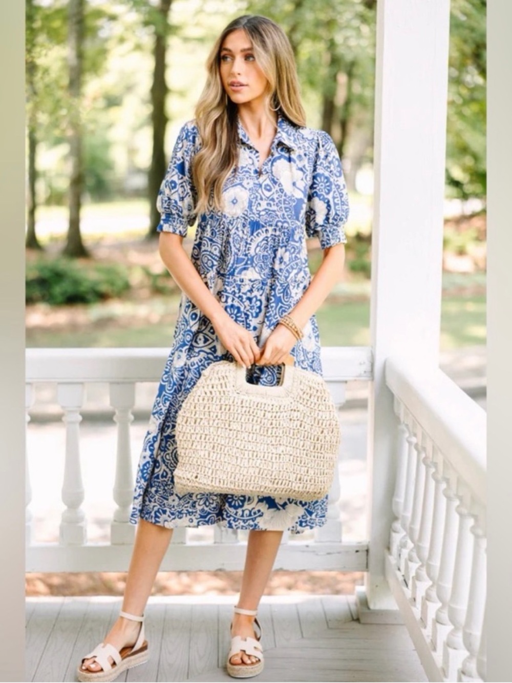 Umgee Blue and Cream Paisley Floral Midi Dress - Picture 3 of 3